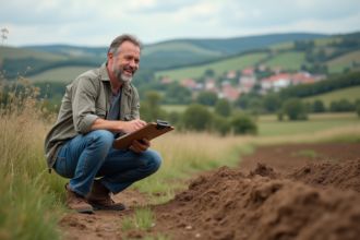 Homme d'âge moyen dans un paysage rural européen