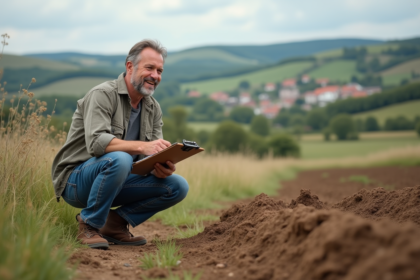 Homme d'âge moyen dans un paysage rural européen