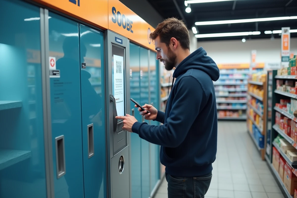 Homme récupérant un colis dans un casier automatique Vinted Go dans une boutique de proximité