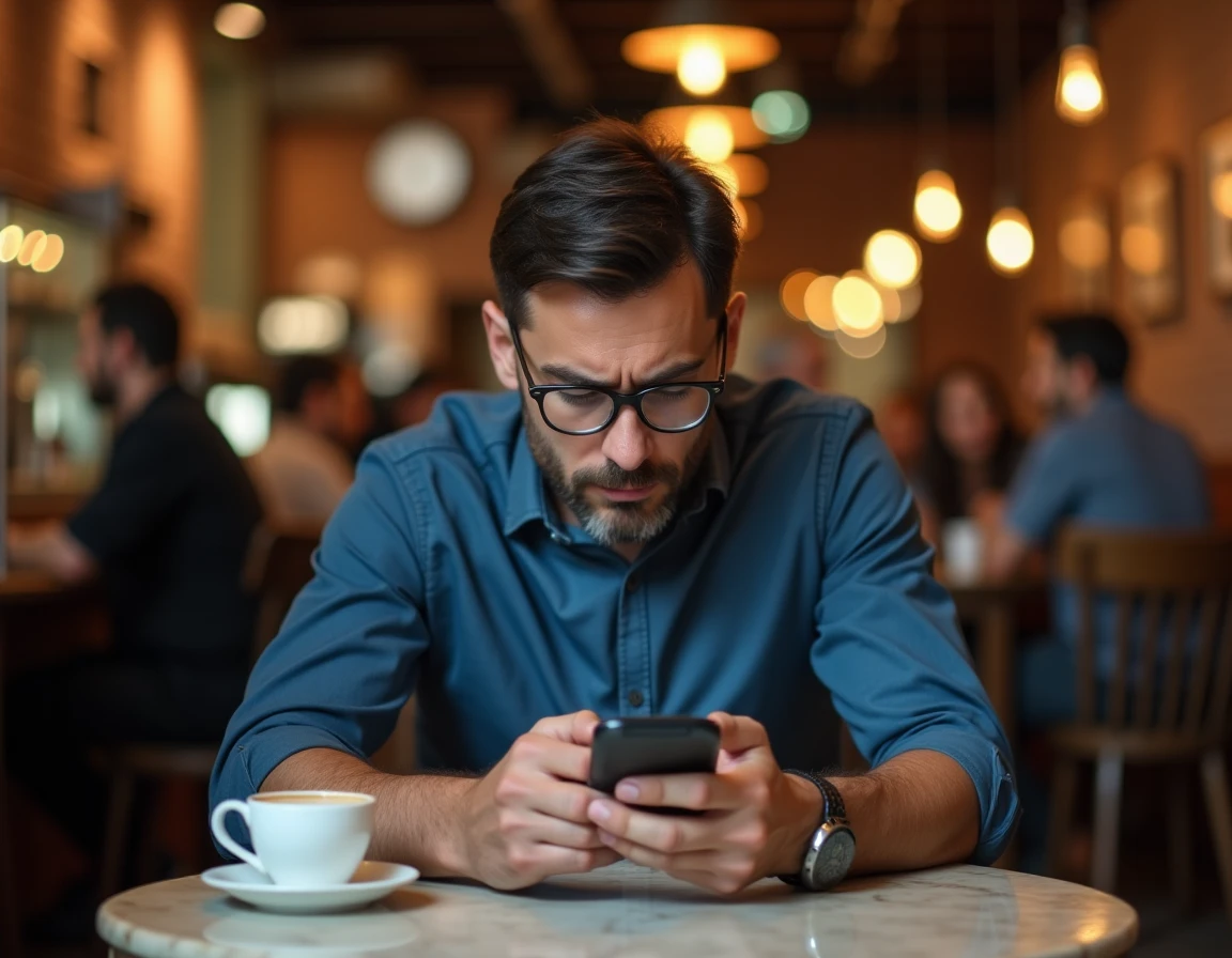 Homme adulte jouant à Cemantix sur son smartphone dans un café urbain avec une expression perplexe