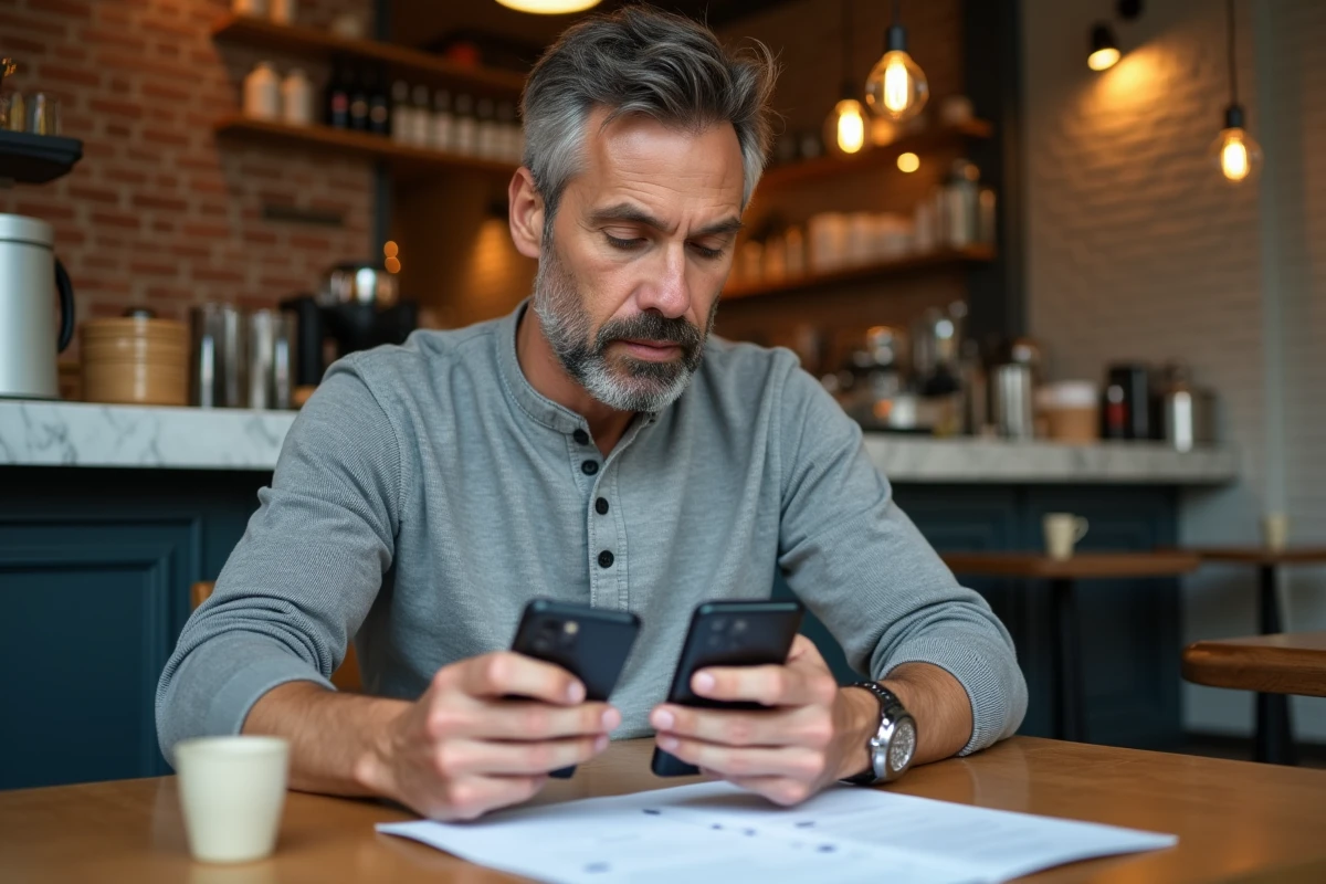 Homme comparant des forfaits mobiles Orange dans un café avec deux smartphones et une carte SIM sur la table