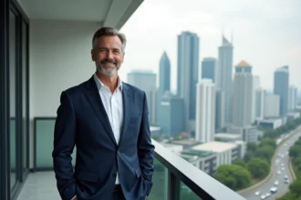 Homme d'âge moyen en costume dans un balcon urbain