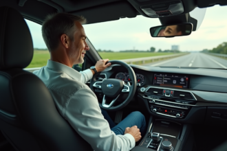 Homme d'âge moyen dans une voiture moderne en conduite