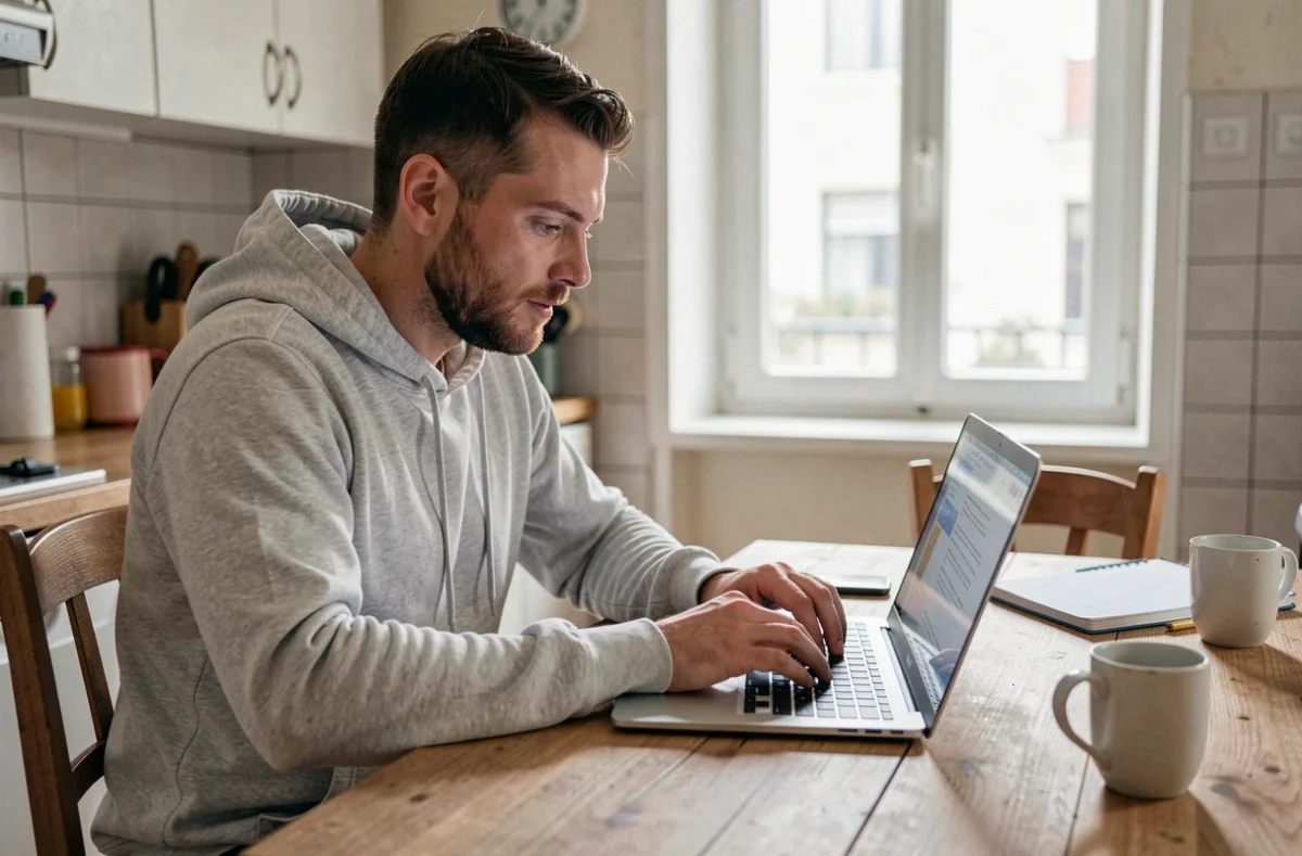 Homme demandeur d'emploi consultant les démarches de désinscription France Travail en ligne depuis chez lui