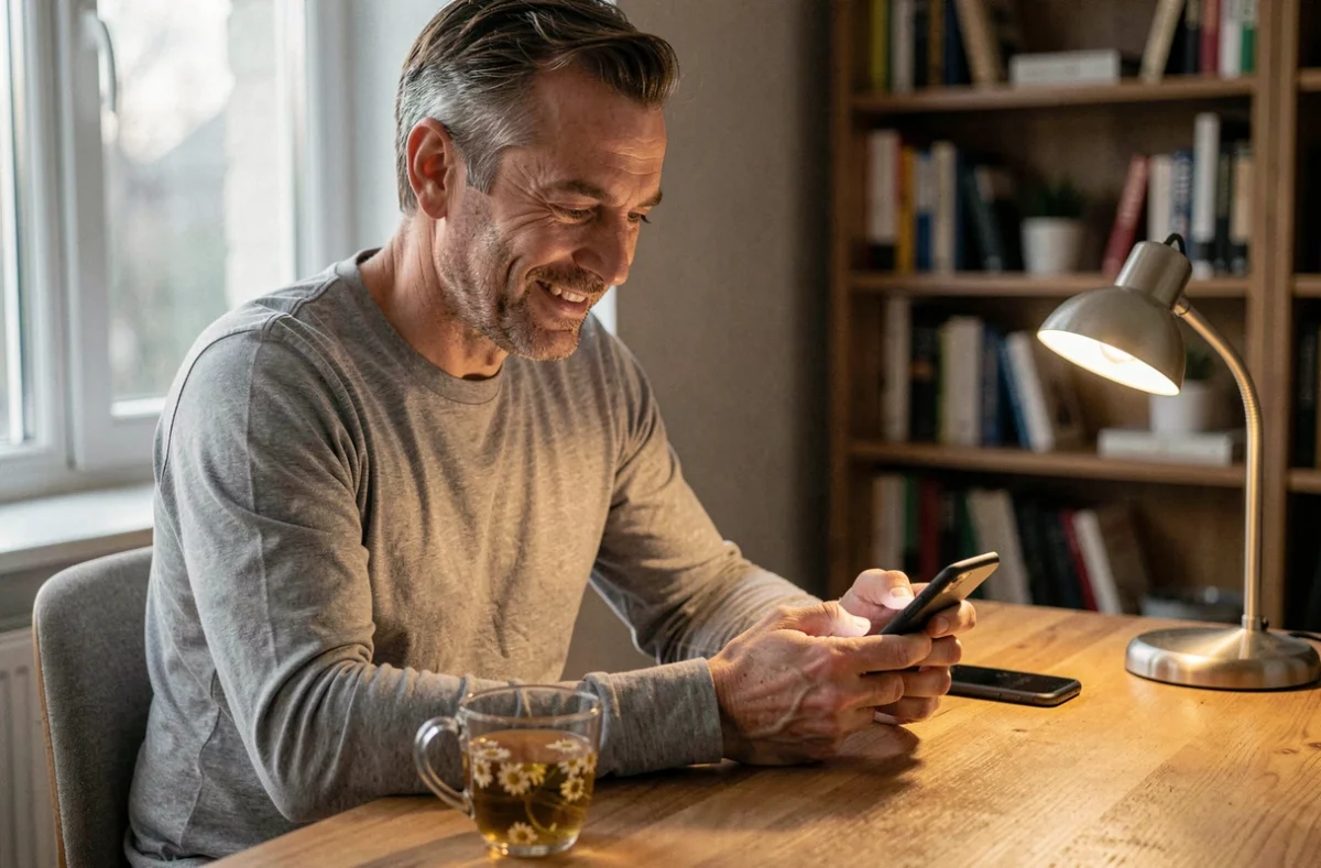 Homme souriant en train d'écrire un message bonne nuit sur smartphone assis à un bureau en bois
