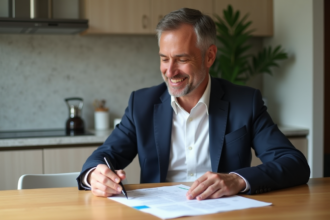 Homme d'âge moyen en chemise blanche et blazer regardant un relevé financier