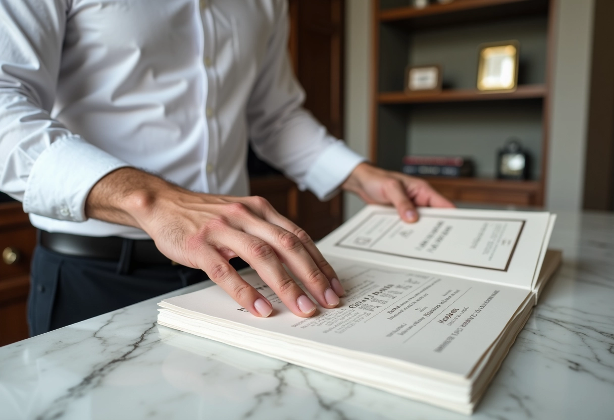 Homme touchant une invitation imprimée sur un comptoir en marbre
