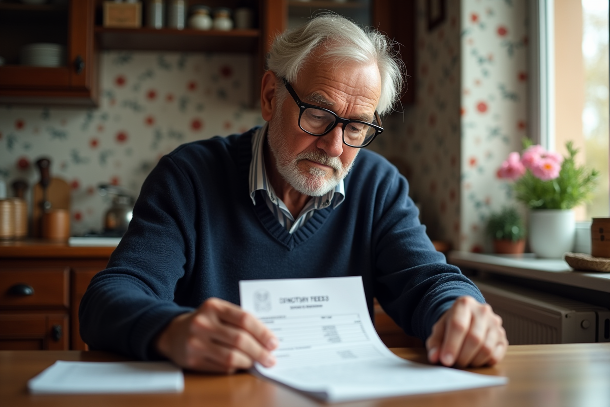 Homme âgé lit des factures dans sa cuisine ensoleillée