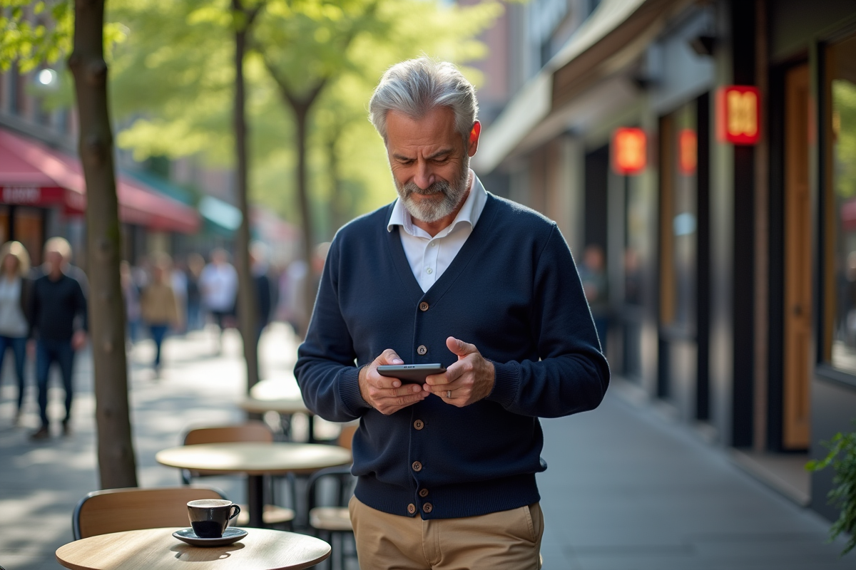 Homme lisant une liseuse en extérieur au café