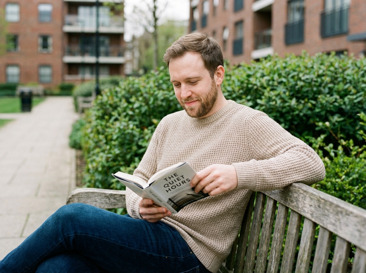 Homme lisant dans un parc urbain tranquille