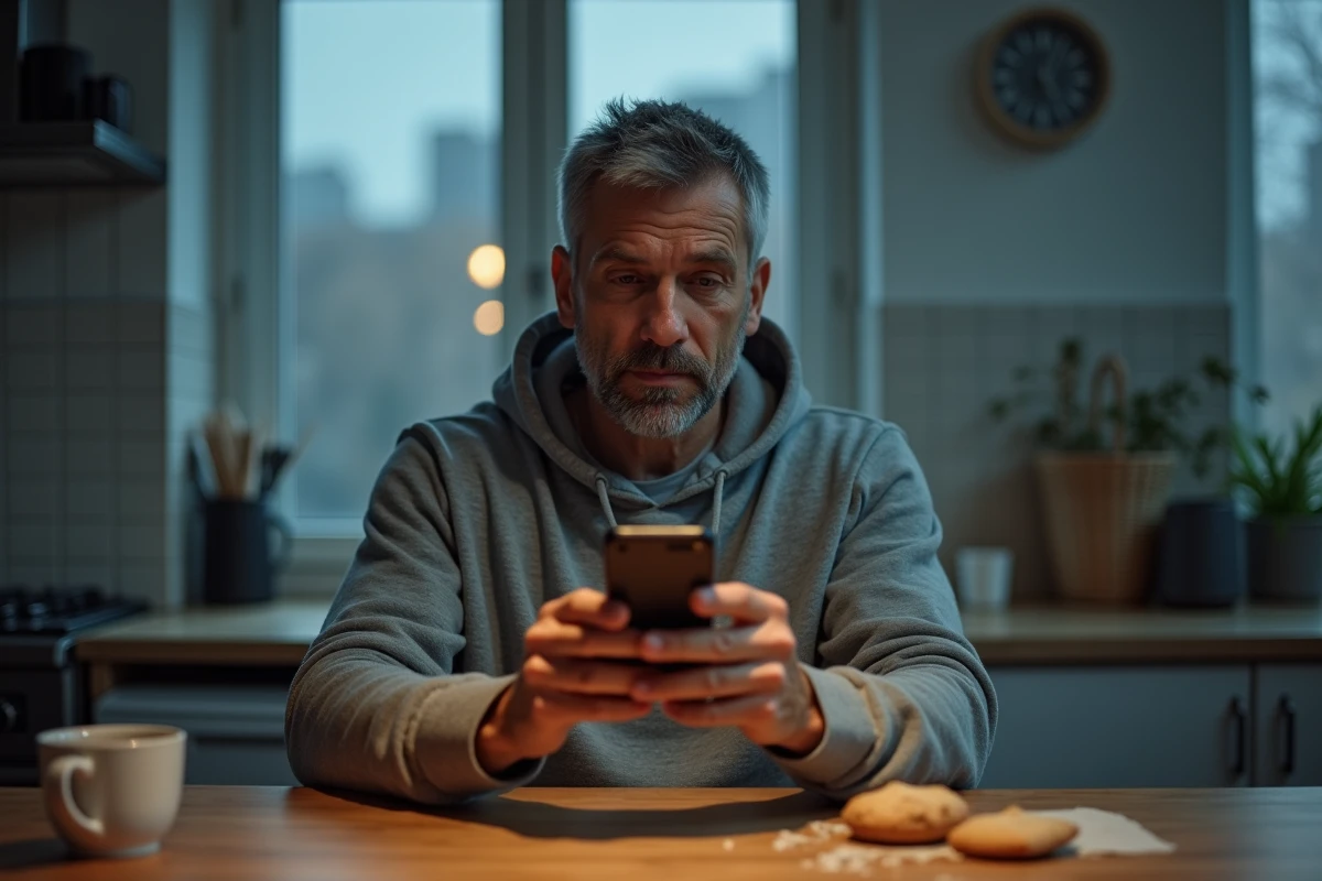 Homme scrutant son smartphone avec méfiance dans une cuisine, symbolisant le doute des utilisateurs face aux plateformes de fuites en 2026
