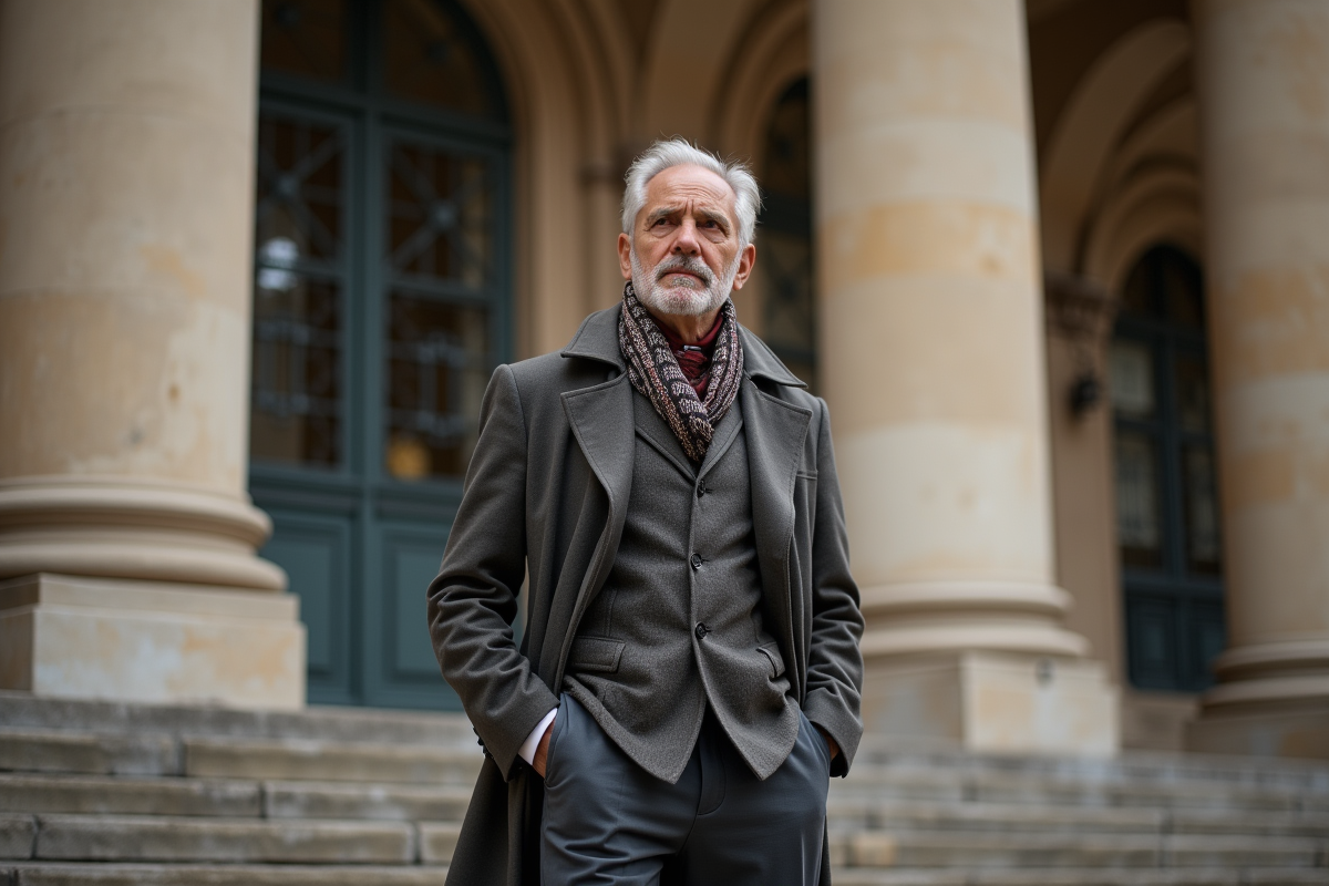 Homme élégant en trench devant un musée parisien