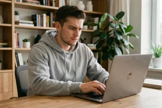 Jeune homme méfiant consultant un site web sur son ordinateur portable pour éviter les arnaques en ligne liées aux scans Demon Slayer