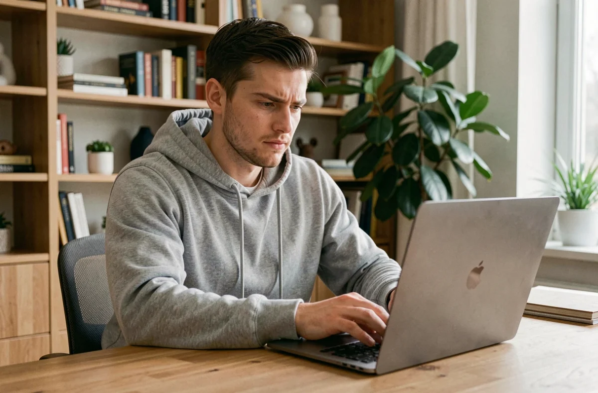 Jeune homme méfiant consultant un site web sur son ordinateur portable pour éviter les arnaques en ligne liées aux scans Demon Slayer