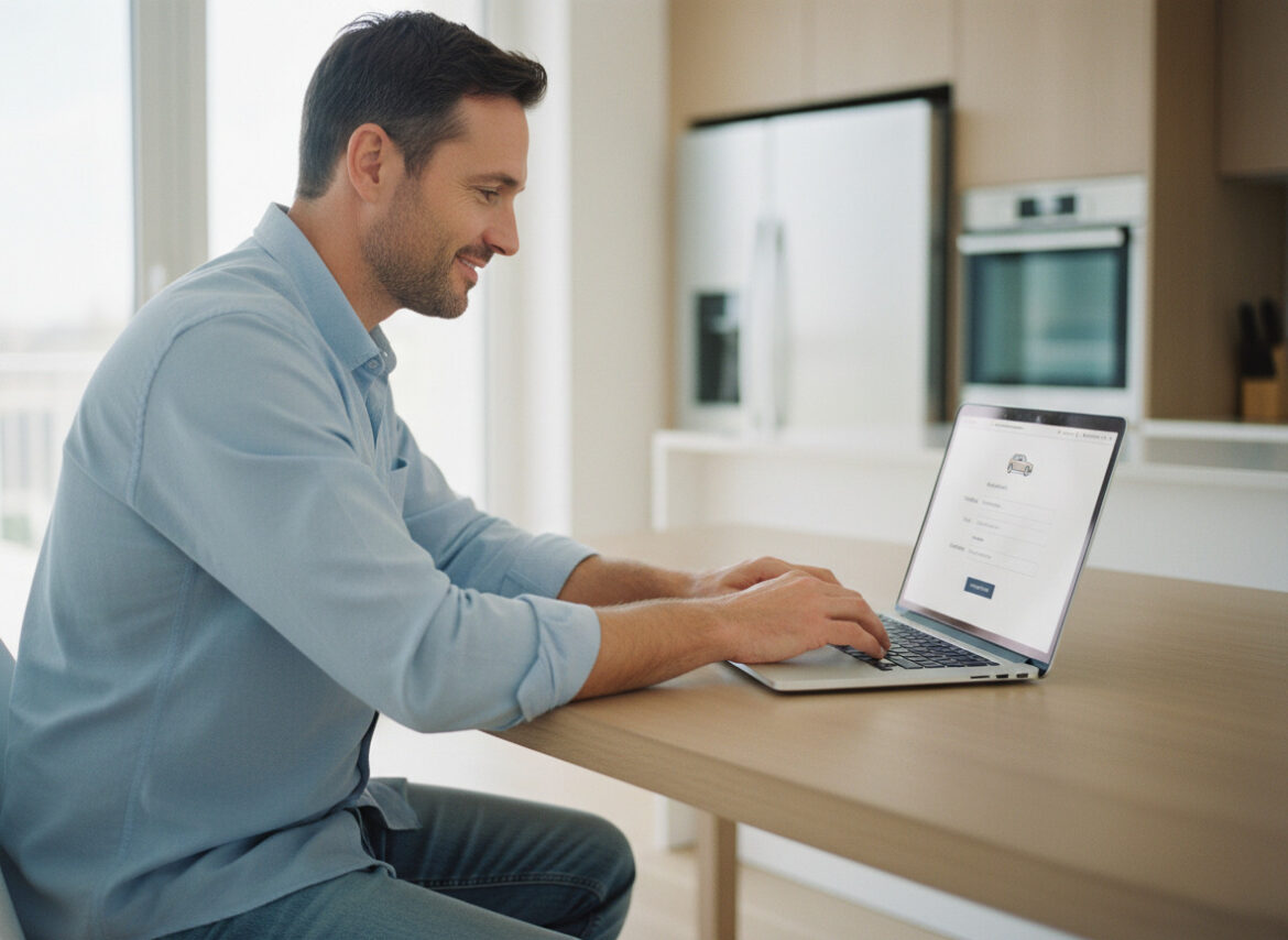 Homme d age moyen utilisant un ordinateur pour vendre une voiture
