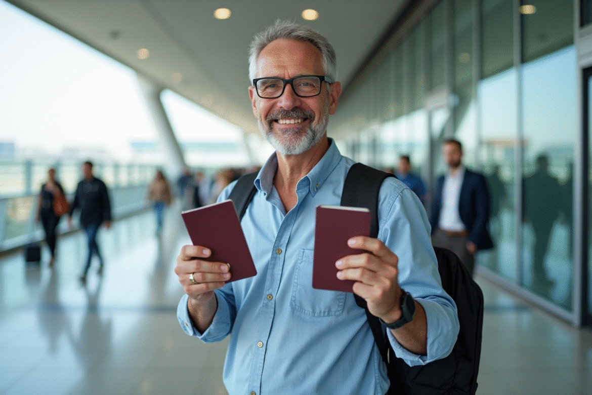 Homme souriant avec passeport devant un aéroport moderne