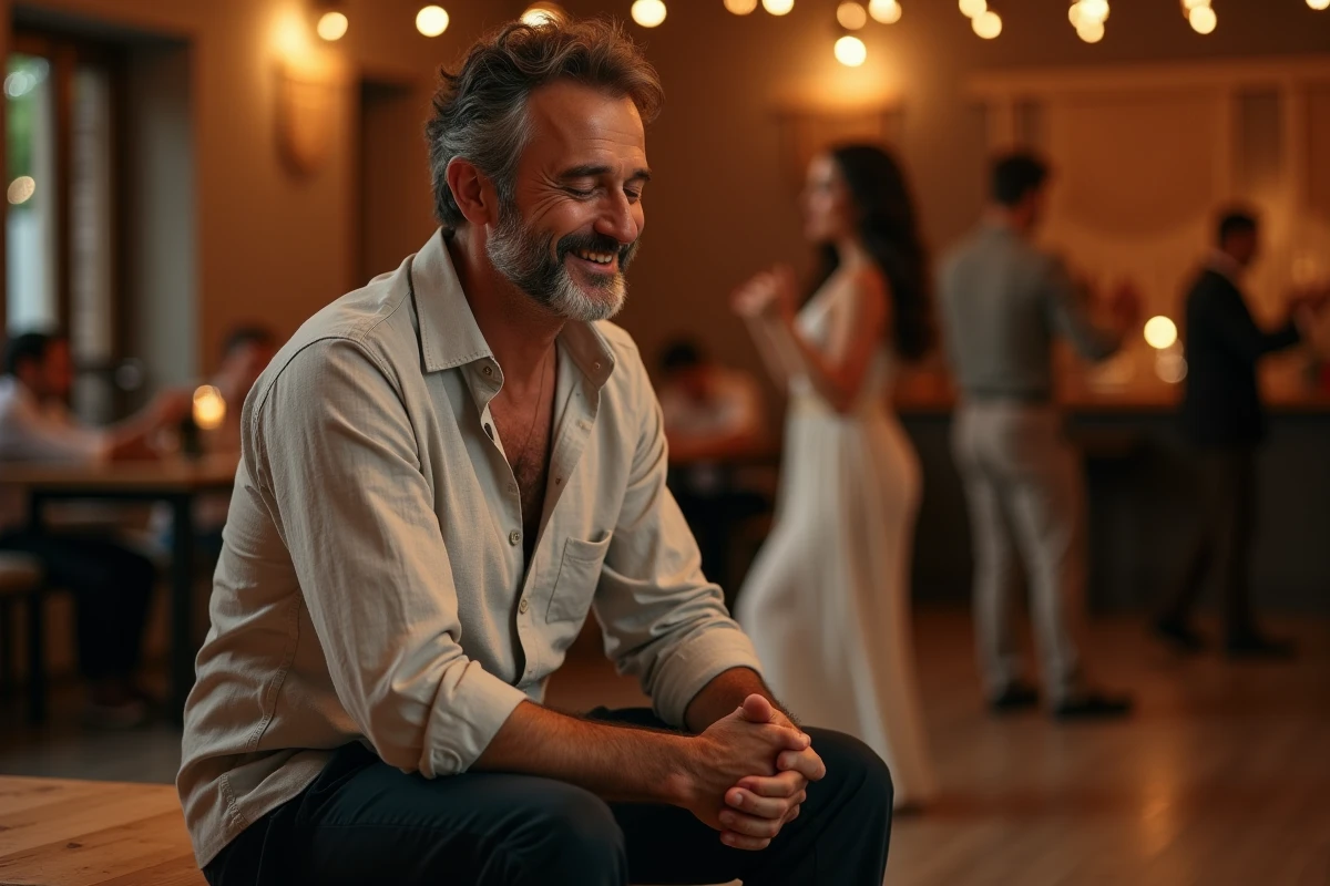 Homme en pause méditative après une session de zouk, expression apaisée de bien-être émotionnel et de lâcher-prise par la danse