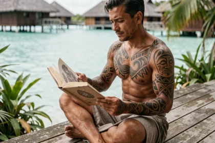 Homme polynésien torse nu étudiant un livre de référence sur les symboles du tatouage polynésien traditionnel assis sur une terrasse en bois surplombant un lagon turquoise