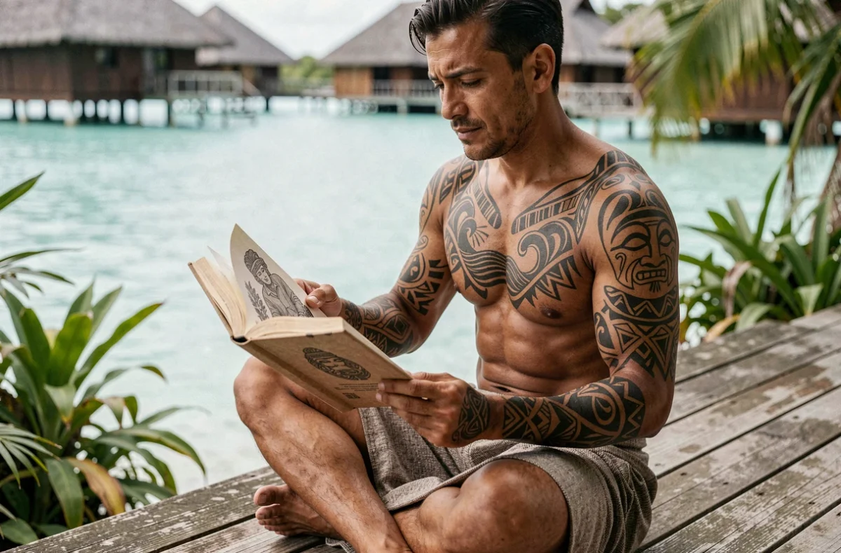 Homme polynésien torse nu étudiant un livre de référence sur les symboles du tatouage polynésien traditionnel assis sur une terrasse en bois surplombant un lagon turquoise