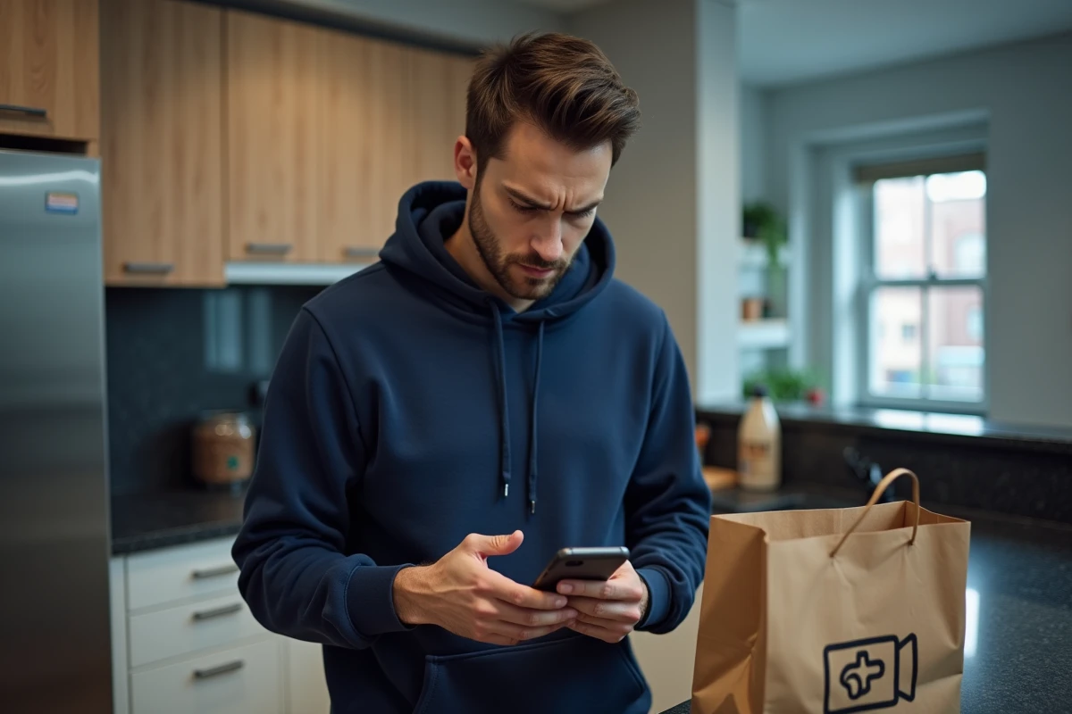 Homme consultant son téléphone pour contacter Uber Eats après un problème de livraison dans sa cuisine