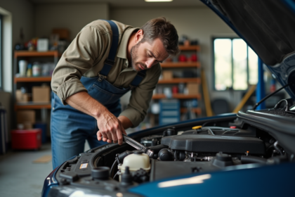 Homme d'âge moyen répare une voiture dans un garage lumineux