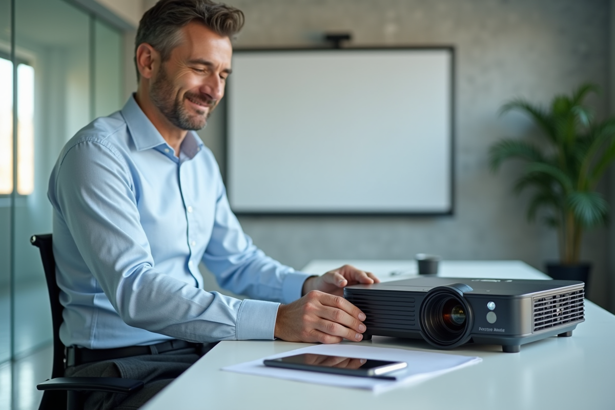 Homme d affaires préparant un projecteur dans un bureau moderne