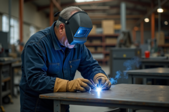 Homme soudeur inspectant un joint en métal dans l'atelier