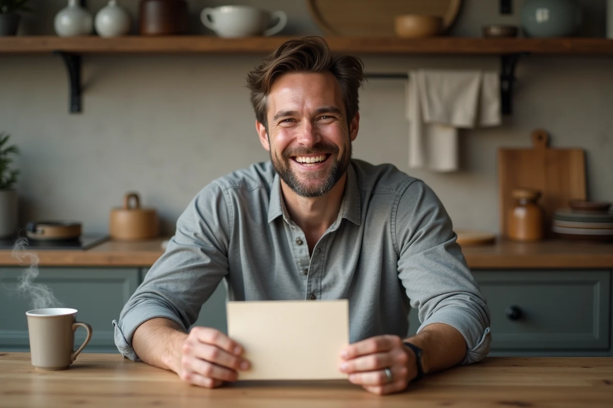 Homme souriant lisant un mot affectueux à la table de cuisine, ambiance chaleureuse et décontractée évoquant les surnoms tendres entre partenaires