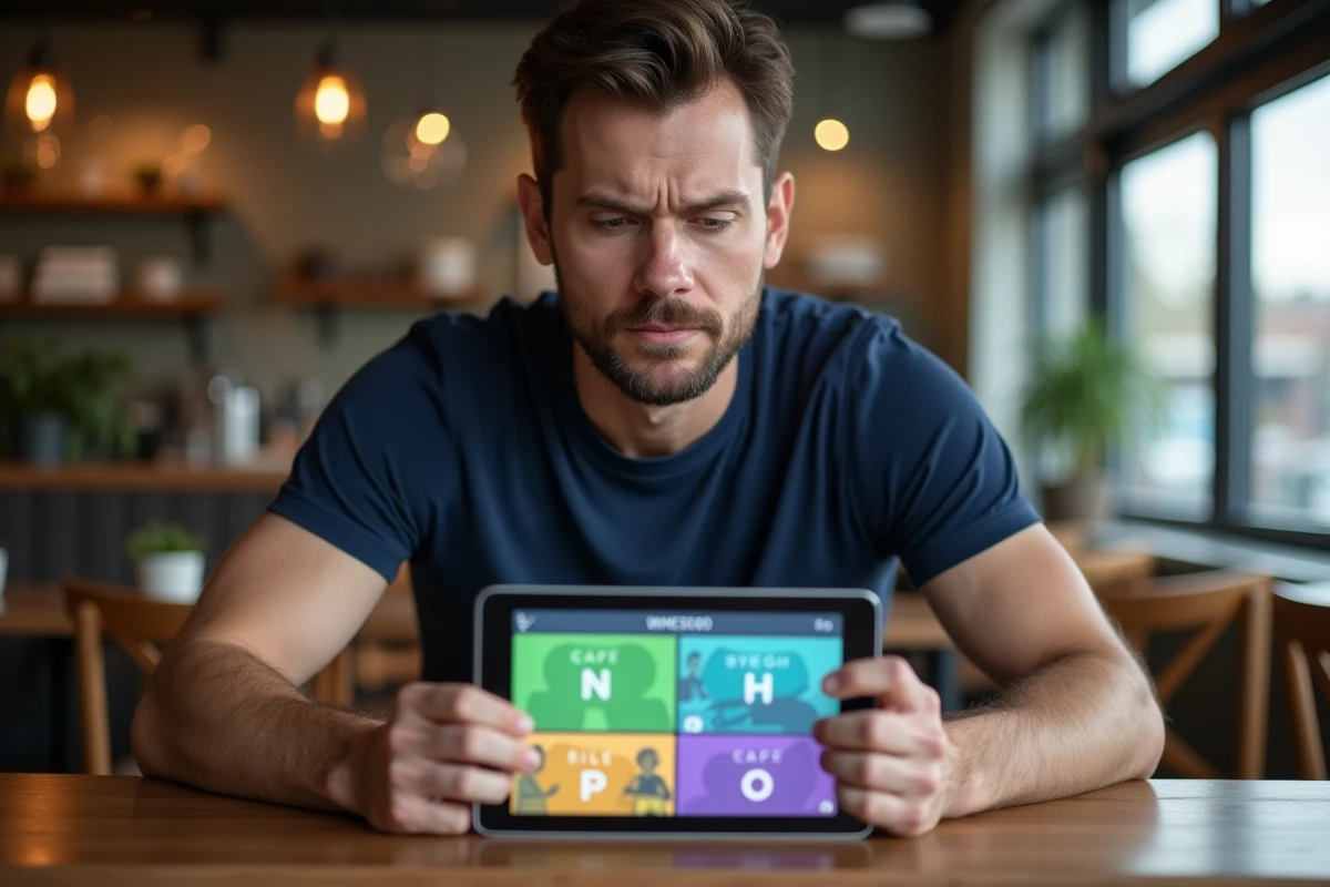 Homme en train de résoudre un puzzle 4 images 1 mot avec une réponse de 8 lettres sur tablette dans un café