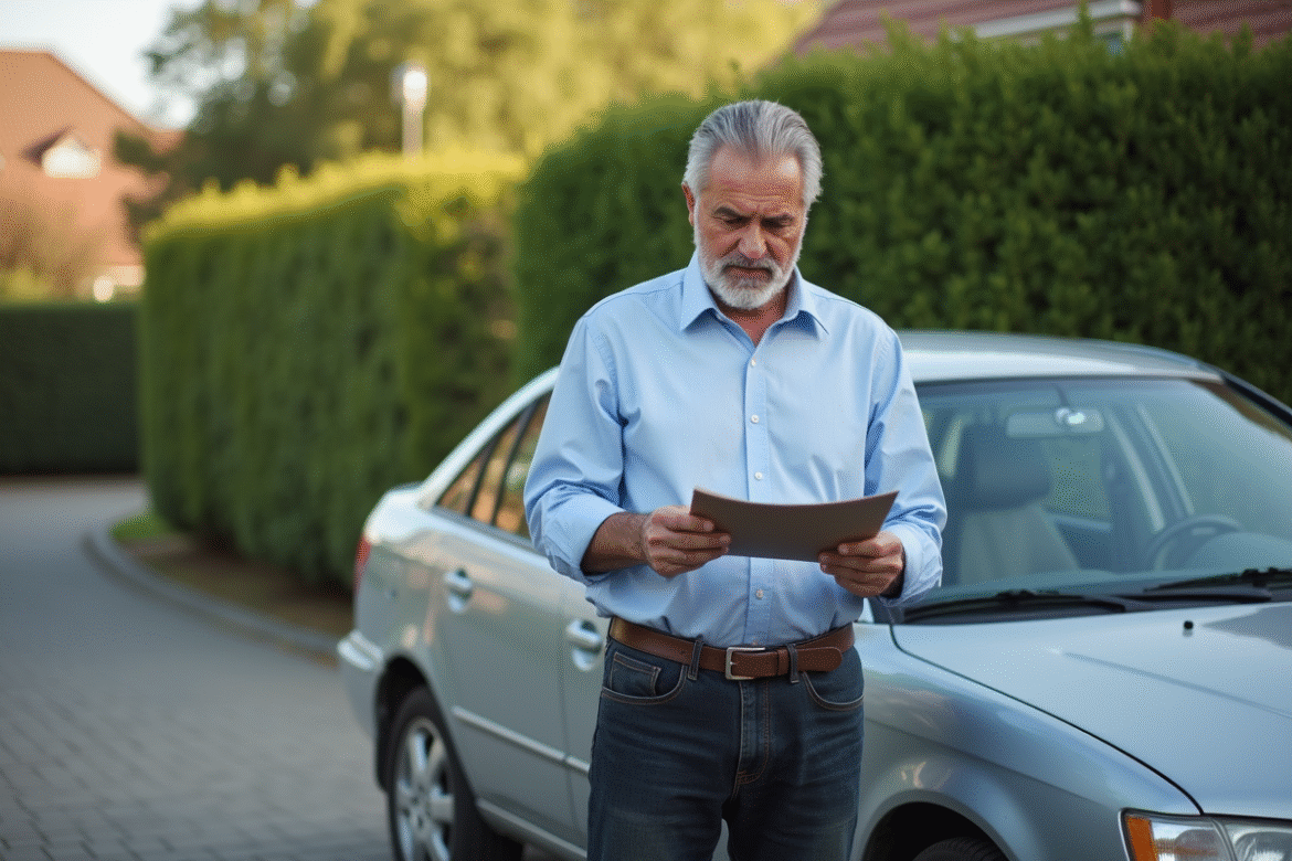 Homme examinant une brochure de voiture devant sa voiture