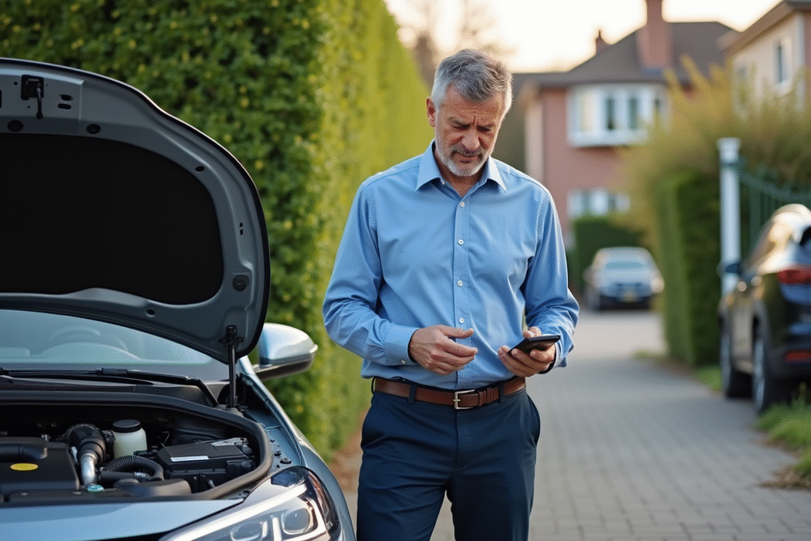 Homme frustré vérifiant le moteur d'une voiture hybride