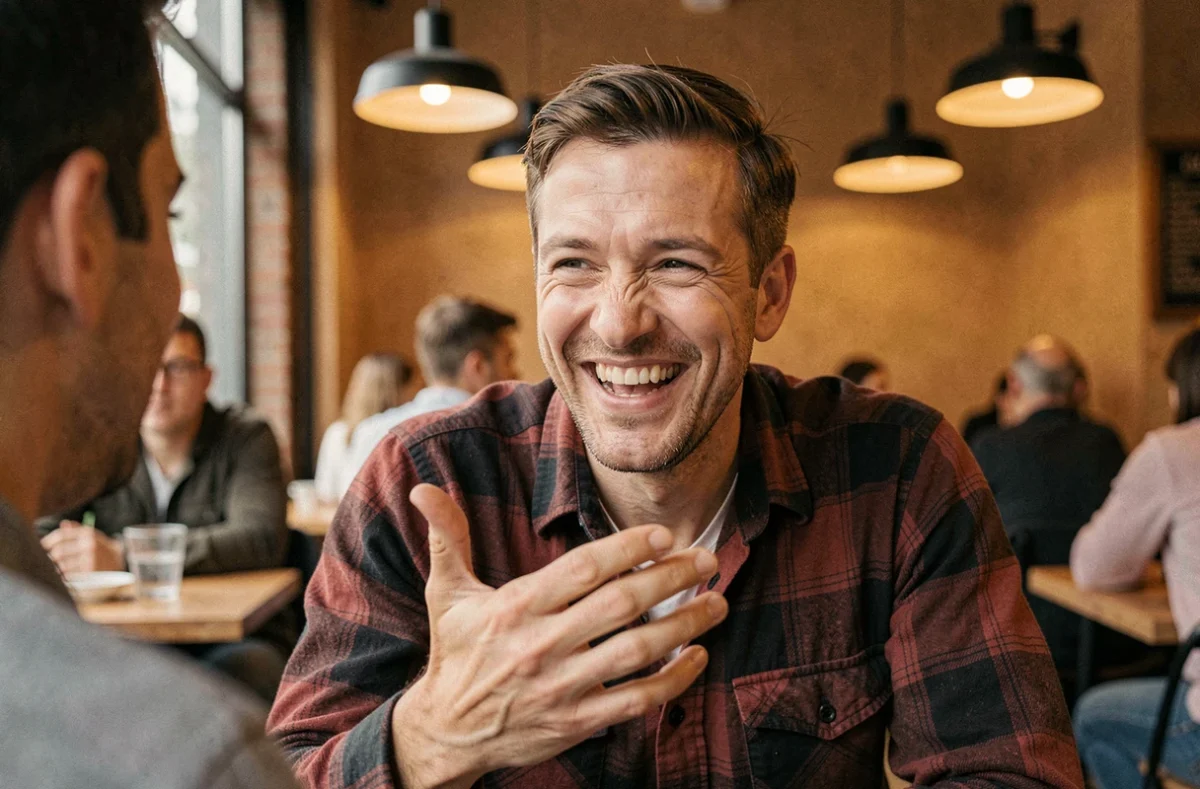 Un homme riant spontanément et utilisant l'humour pour désamorcer une situation tendue dans un café urbain