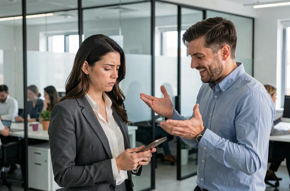Une femme affichant une indifférence totale face aux tentatives de séduction d'un homme dans un espace de coworking moderne