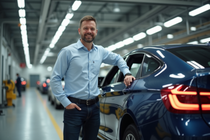 Ingénieur automobile debout à côté d'une voiture neuve en usine