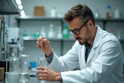 Ingénieur en laboratoire mesurant avec précision un volume d'eau dans une éprouvette graduée pour une conversion de litres en mètres cubes