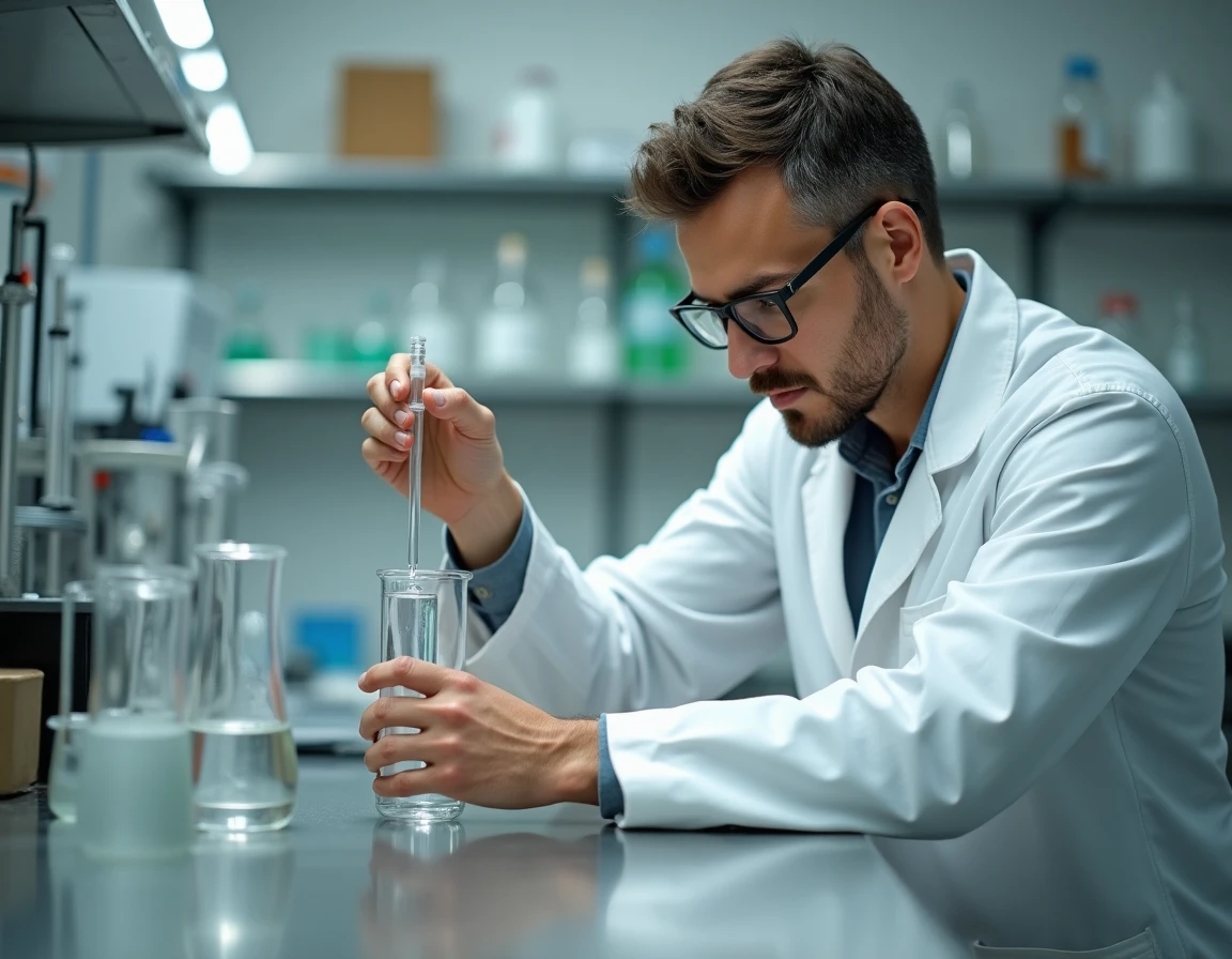 Ingénieur en laboratoire mesurant avec précision un volume d'eau dans une éprouvette graduée pour une conversion de litres en mètres cubes