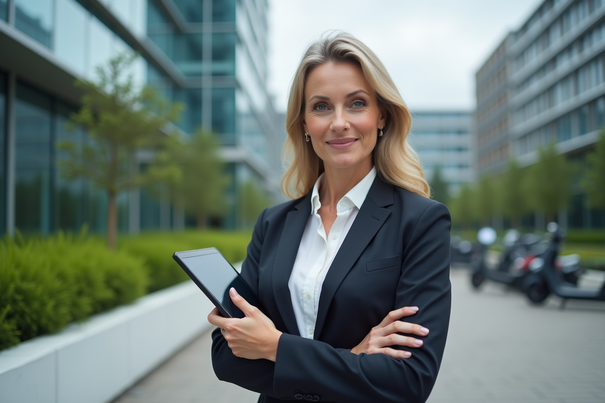 Ingenieure en extérieur devant campus technologique moderne