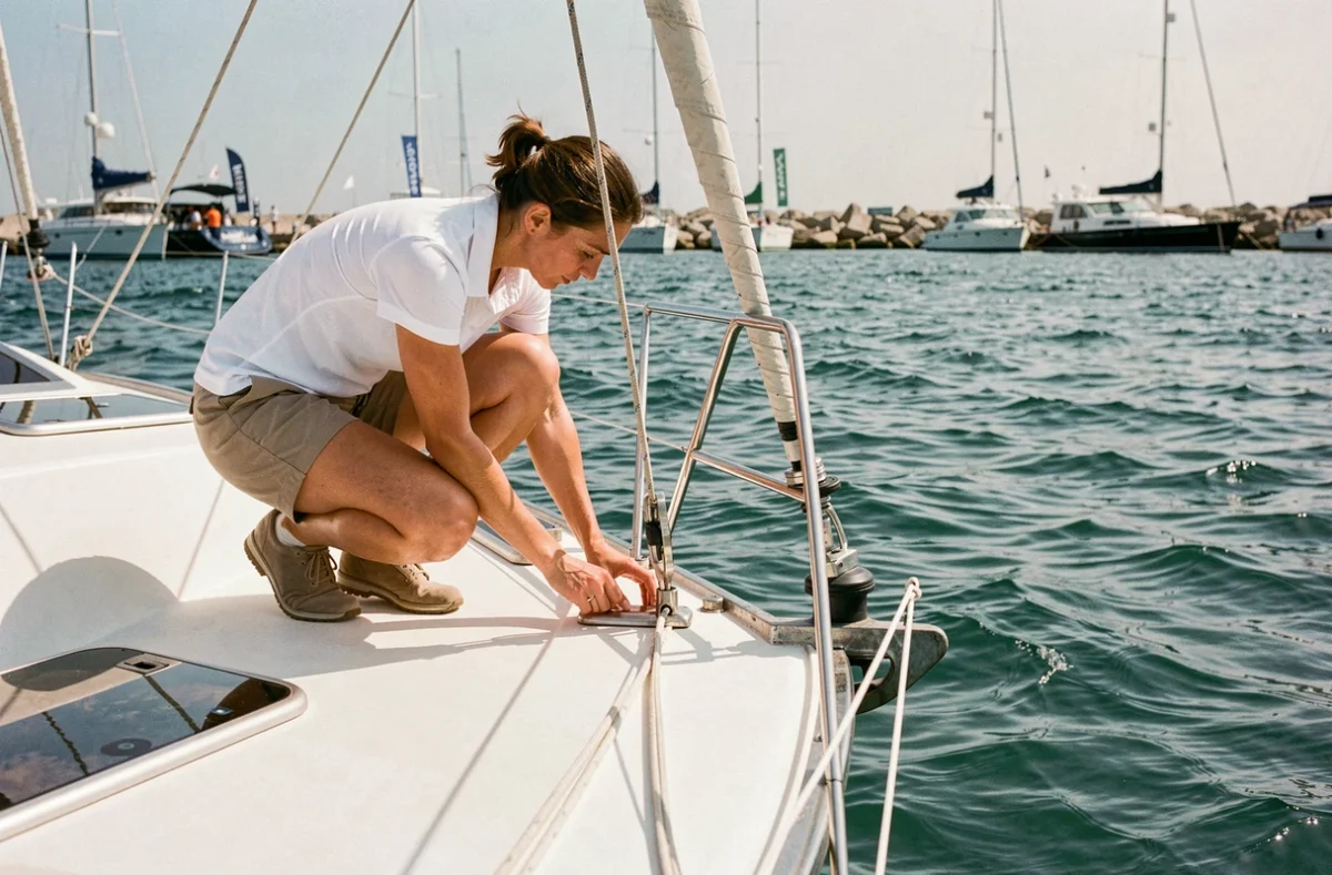 Femme inspectant le pont d'un voilier lors d'un essai en mer au salon des bateaux