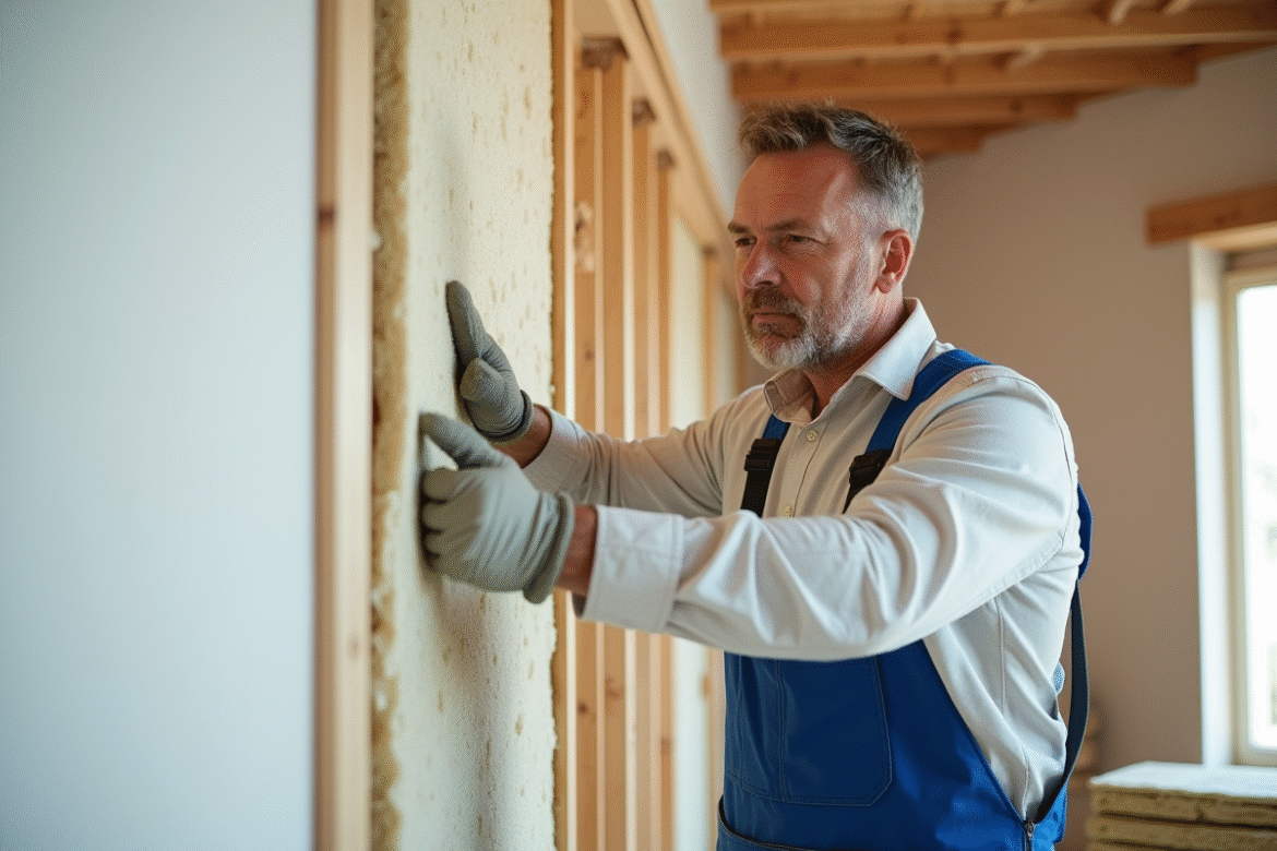 Installateur d isolation posant des panneaux de laine mineral dans une maison moderne