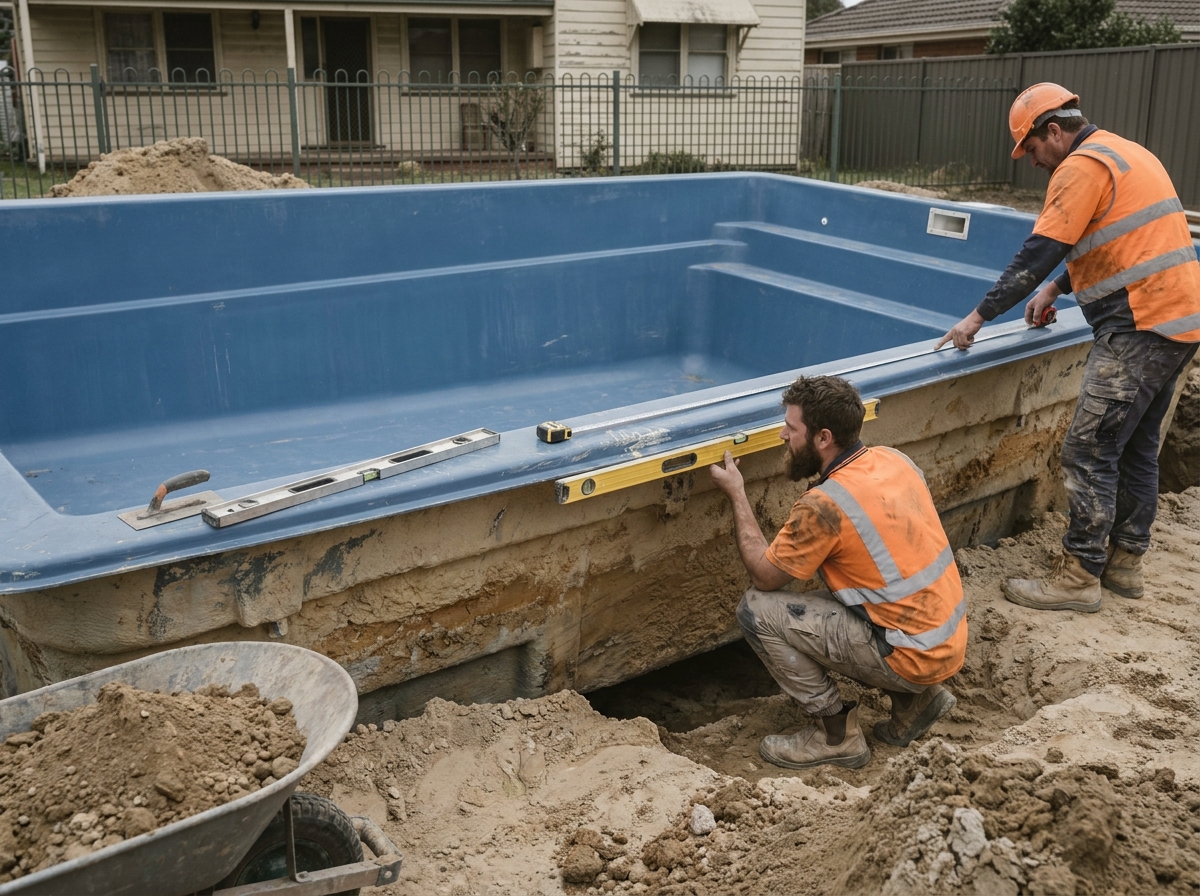 Installation d'une piscine coque en polyester dans une tranchée par deux ouvriers lors de travaux de pose dans un jardin