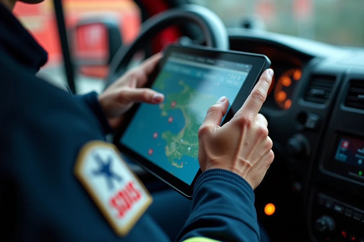 Gros plan sur les mains d'un sapeur-pompier manipulant une tablette durcie affichant l'interface du logiciel IRIS de gestion des interventions d'urgence, représentant la modernisation numérique des sapeurs-pompiers français en 2026.
