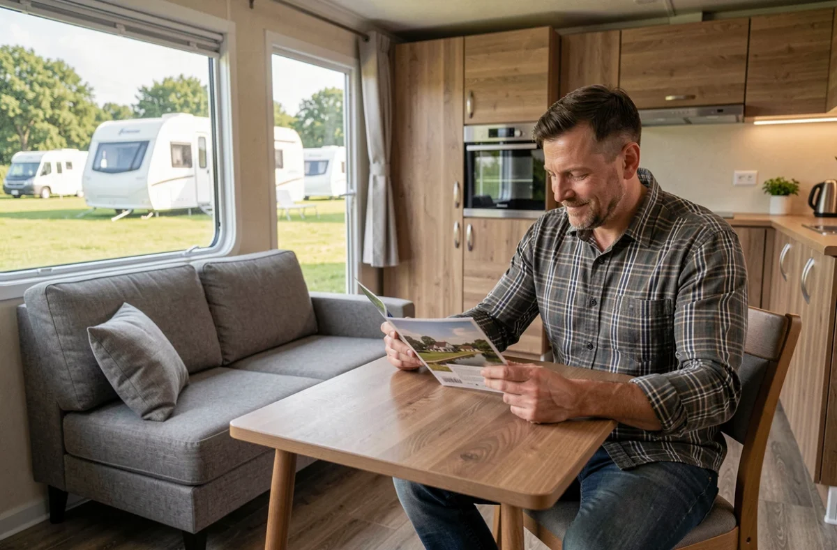 Intérieur moderne et fonctionnel d'un mobil-home contemporain avec salon et cuisine ouverte, homme consultant une brochure à table