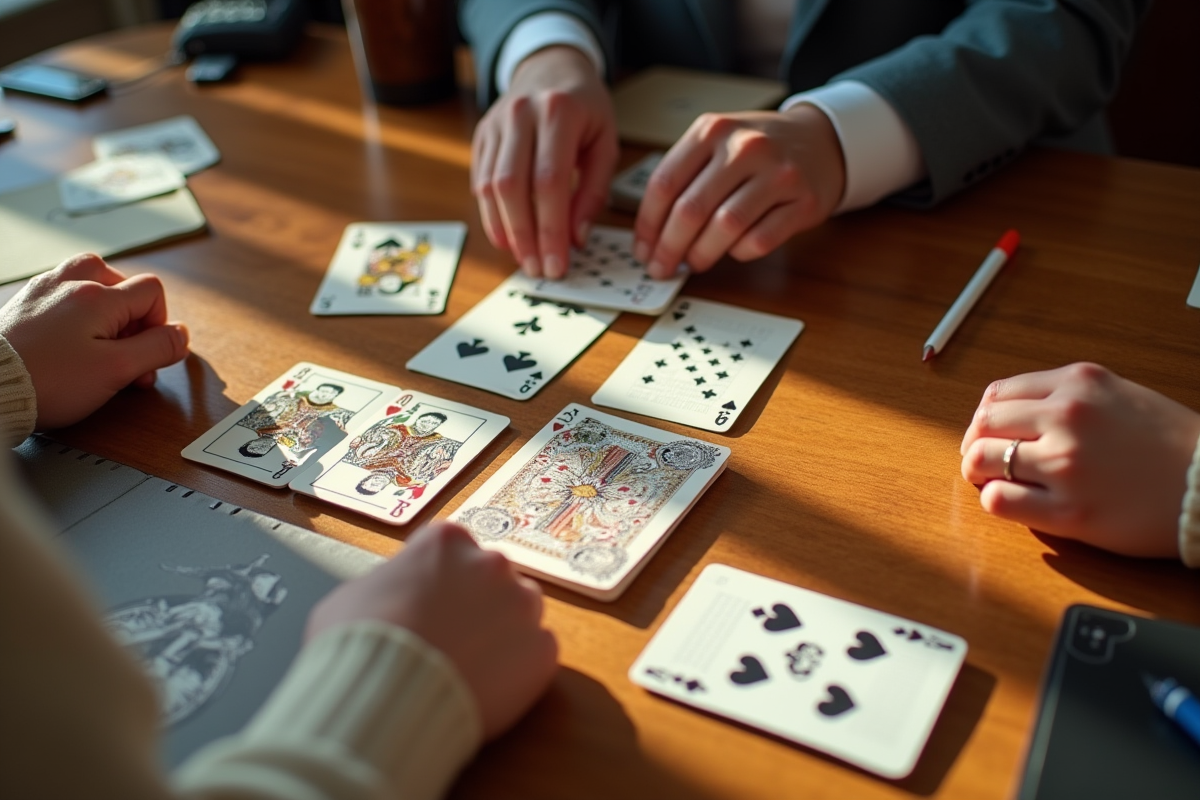 Mains jouant à la crapette avec un carnet de stratégies
