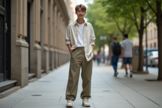 Jeune adulte nonbinaire dans la ville avec style décontracté