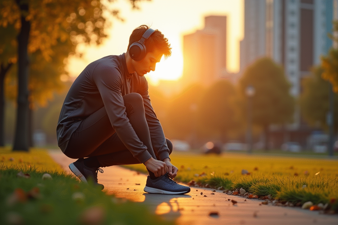 Jeune athlète nouant ses lacets au lever du soleil dans un parc urbain