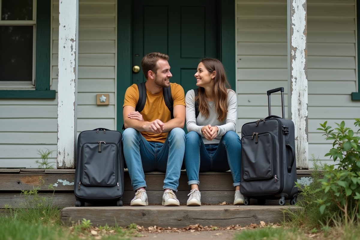 Jeune couple assis sur un perron en situation d eviction