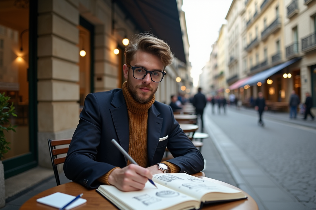 Jeune designer homme sketchant en terrasse urbaine