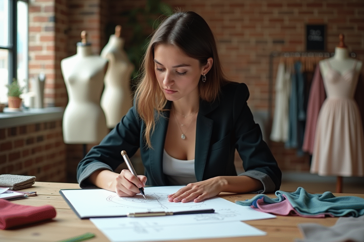 Jeune designer mode esquissant dans son atelier lumineux
