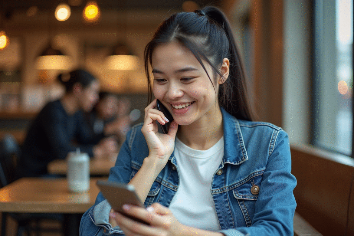 Jeune femme testant une application de traduction vocale