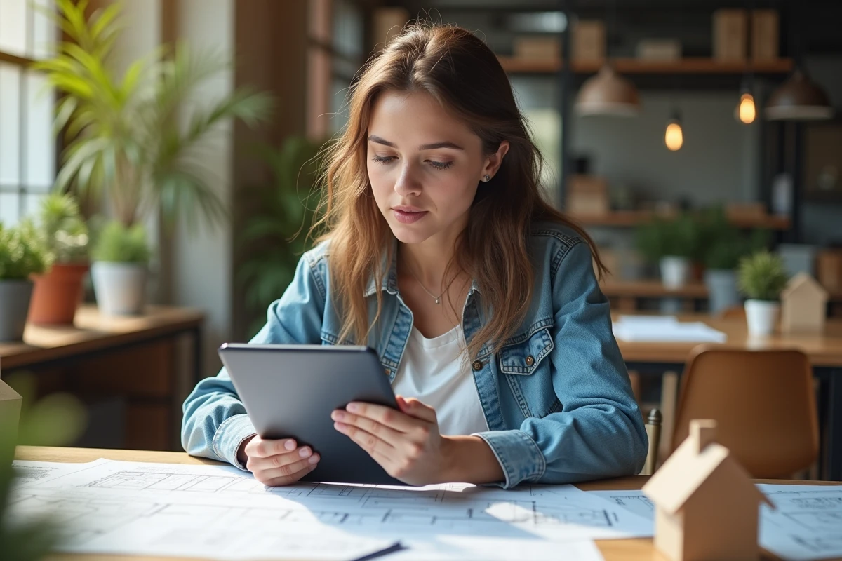Jeune femme en tenue décontractée avec tablette dans espace de coworking